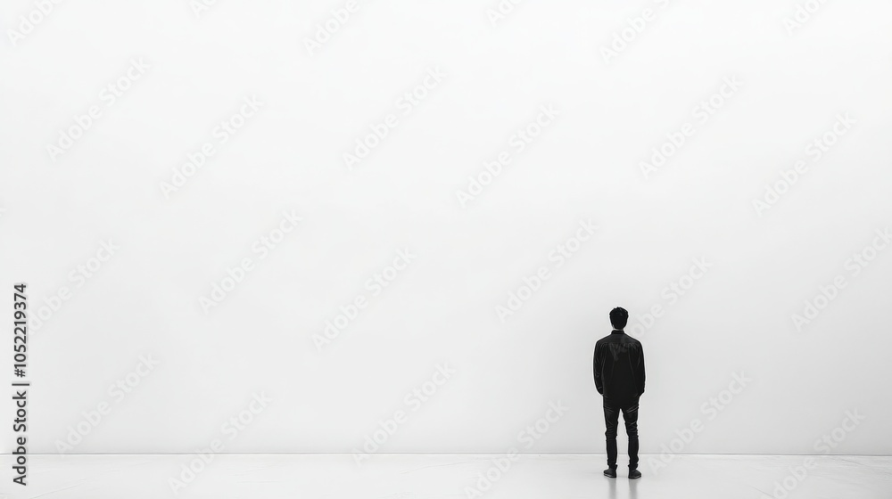Fototapeta premium Minimalist image of a man standing alone in an empty, white space, evoking themes of solitude, simplicity, and introspection.