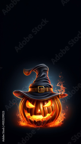Halloween burning pumpkin head with witch hat phone wallpaper illustration