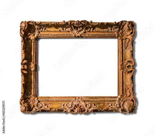 Blank gold frame isolated on transparent background. Horizontal