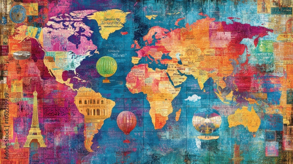 Naklejka premium A colorful world map featuring landmarks and hot air balloons, celebrating travel and culture.