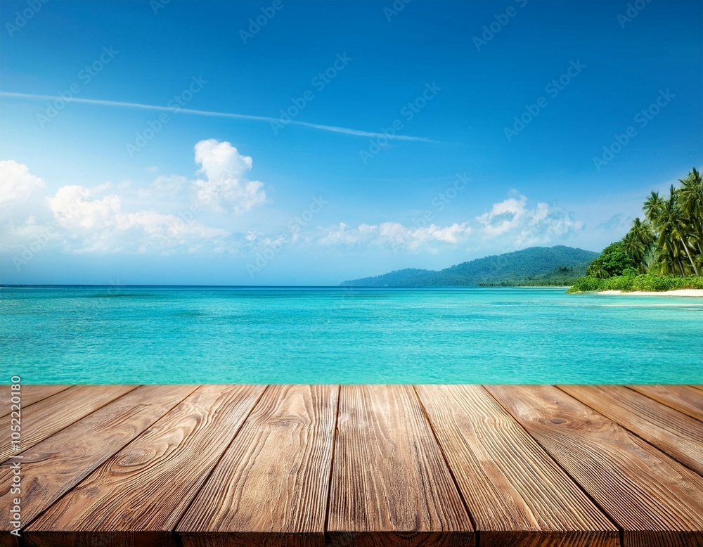 wooden table with tropical sea landscape background wooden table with tropical sea landscape background