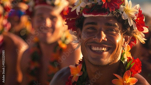 Joyful celebration with traditional floral headpieces and bright smiles photo