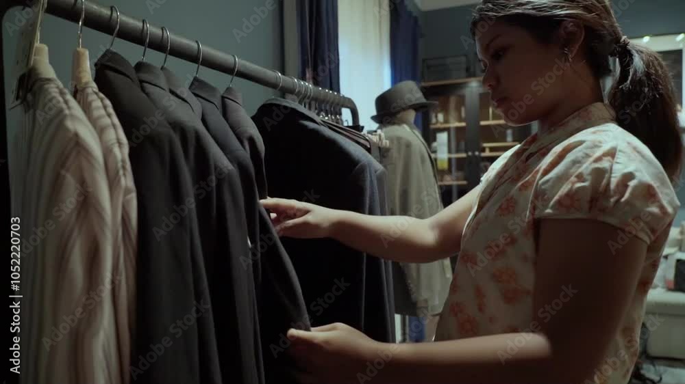 young asian woman checking on suits hanging on a suit rack at a suit shop men's clothing store young asian woman checking on suits hanging on a suit rack at a suit shop men's clothing store