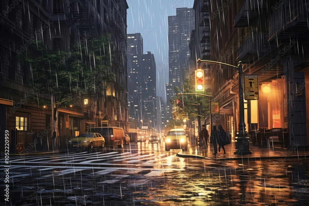 Fototapeta premium Rain city car street.