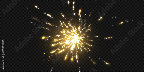 A bright, golden spark explosion effect with radiant, glowing trails on a transparent background. This energetic burst effect is ideal for use in celebratory, festive, or fireworks-themed designs