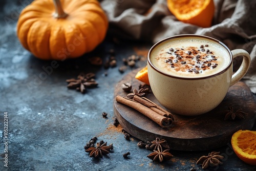 A Cozy and Delicious Drink Pumpkin Spice Latte, Topped with Whipped Cream and Spices