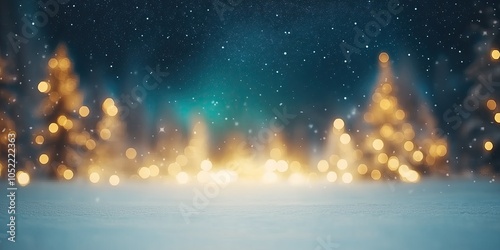 Beautiful winter blurred background with night scene with soft glowing lights in trees and snow-covered ground reflecting stars and warm colors creating a cozy festive atmosphere