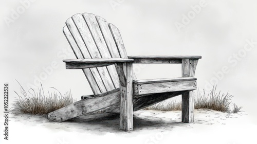 A weathered wooden adirondack chair on a white sandy beach