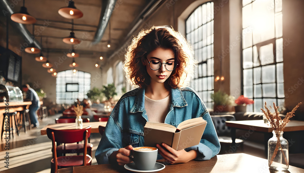 Fototapeta premium Young Woman with Curly Hair Reading in Sunlit Café - Cozy Ambience with Warm Lighting and Latte