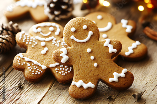 A collection of festive gingerbread cookies, capturing the warm holiday spirit with intricate icing designs and traditional shapes like stars, hearts, and gingerbread people.