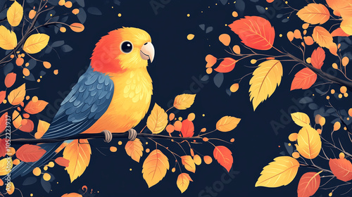 illustration colorful parrot on a branch with leaves on the background, abstract