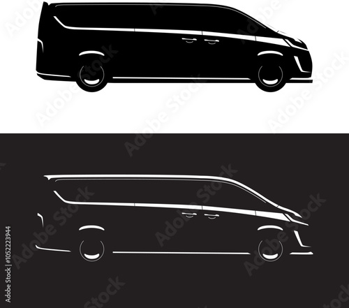 Black and white vector silhouette of the side view of a modern luxury mini van