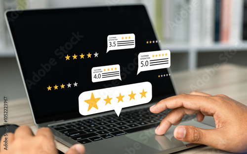 Online customer satisfaction Survey service concept, client rate service from experience in application,Consumer give five-Stars and feedback review for quality, Business reputation ranking from buyer