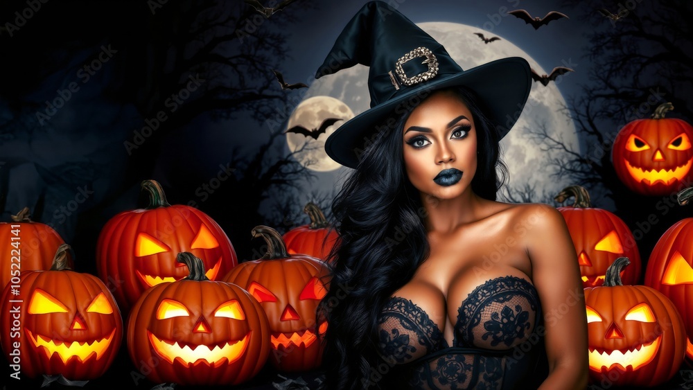 An enchanting witch in a striking lace ensemble stands dramatically amidst glowing pumpkins, while bats flutter beneath a bright full moon in an eerie forest.