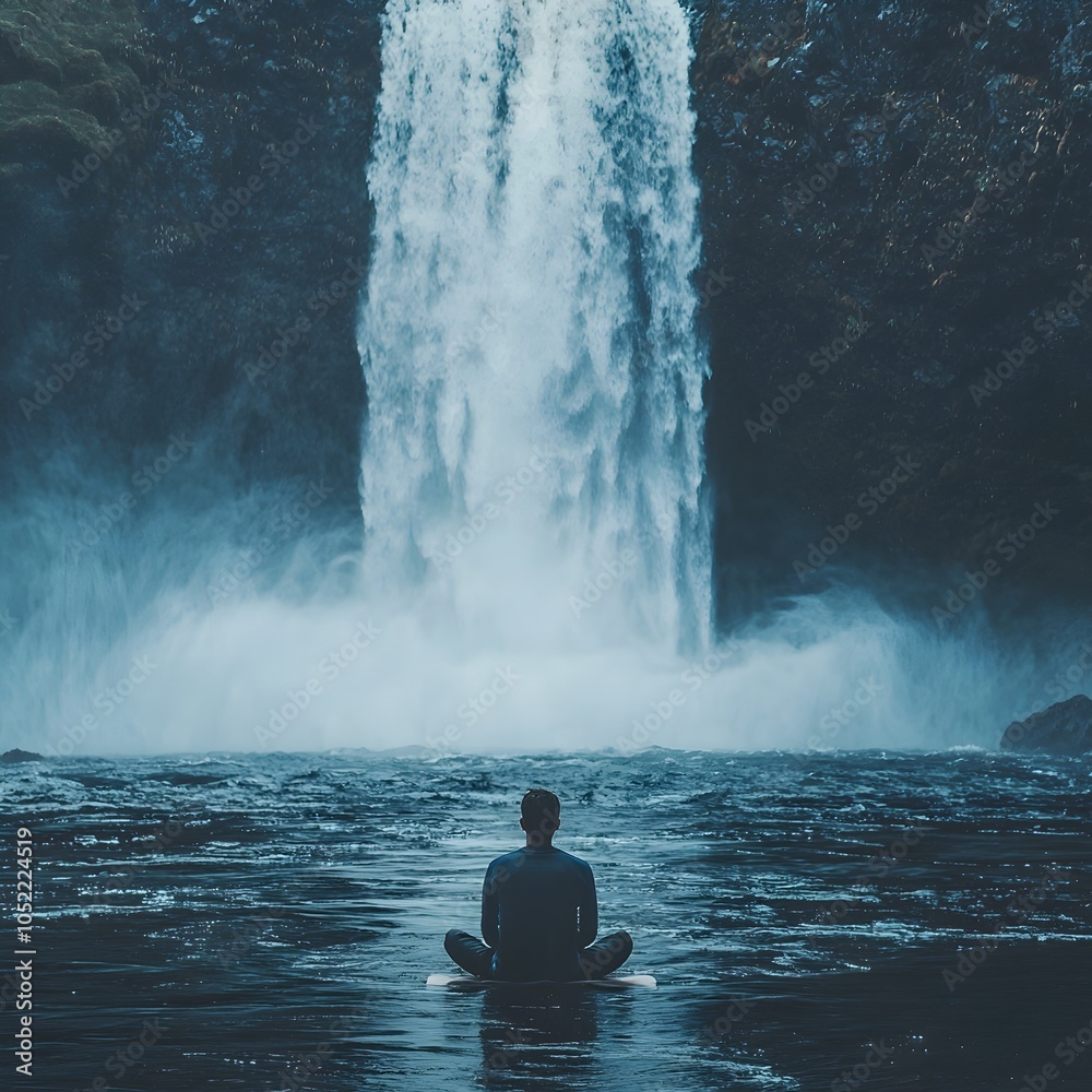 Obraz premium Person Meditating by a Majestic Waterfall Symbolizing Purification and Renewal