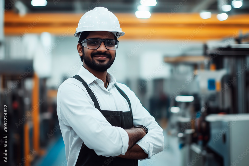 Smiling indian engineer wearing a hard hat and safety glasses, standing confidently with arms crossed in an industrial manufacturing facility.
Smiling indian engineer wearing a hard hat and safety glasses, standing confidently with arms crossed in an industrial manufacturing facility.