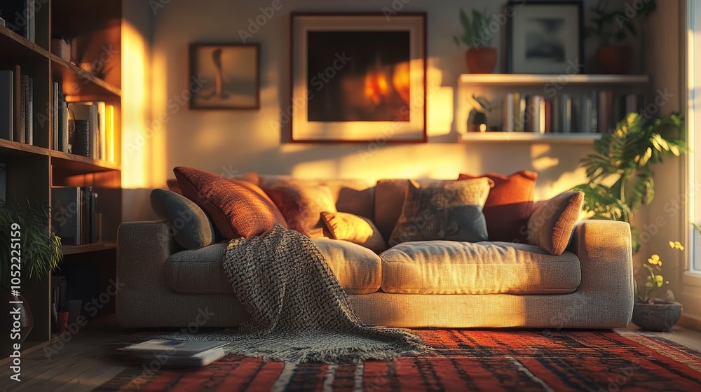 Warm sunset light fills a cozy living room, where a textured blanket and varied pillows complement the inviting sofa. Warm sunset light fills a cozy living room, where a textured blanket and varied pillows complement the inviting sofa.