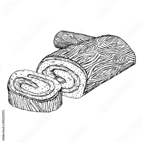 A festive yule log cake, buche de Noel, Christmas holiday meal featuring, sliced rolled pastrie. A detailed black and white hand drawn ink vector illustration.