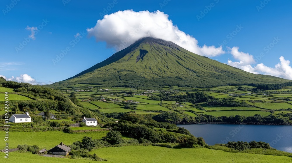 Fototapeta premium Azores Mountain Landscape with Cloud Lush Green Fields and Homes