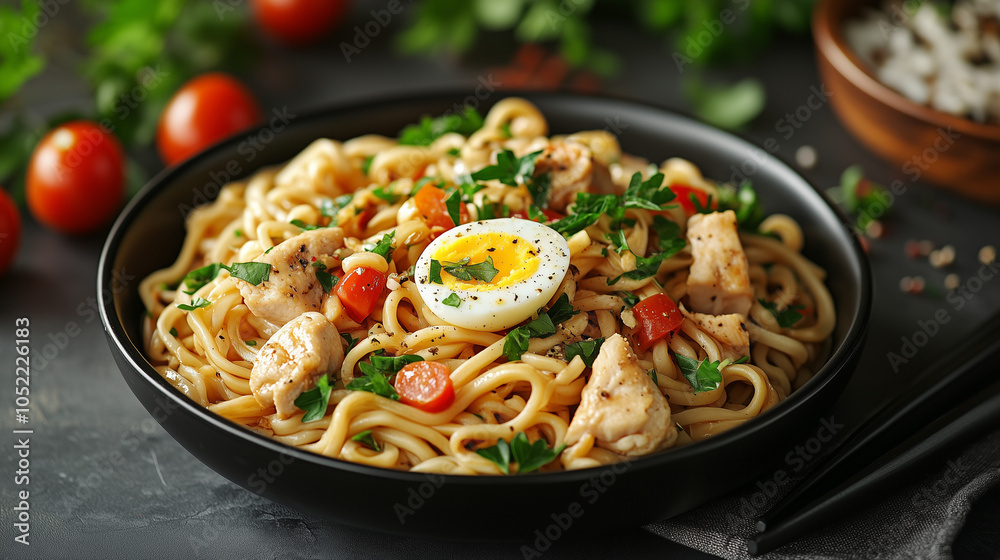 Udon noodles with chicken, radish, and a soft-boiled egg served in a black bowl.
Udon noodles with chicken, radish, and a soft-boiled egg served in a black bowl.