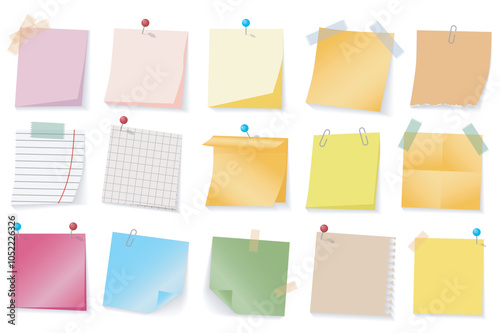 Colored paper stickers mega set elements in flat graphic design. Collection objects of different note pages with sticky tapes or pins, to do lists, reminders and memo messages. Vector illustration.