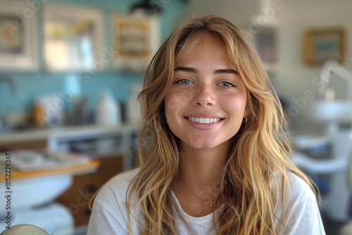 Happy young woman smiling warmly in a bright indoor environment, showcasing her natural beauty and relaxed demeanor