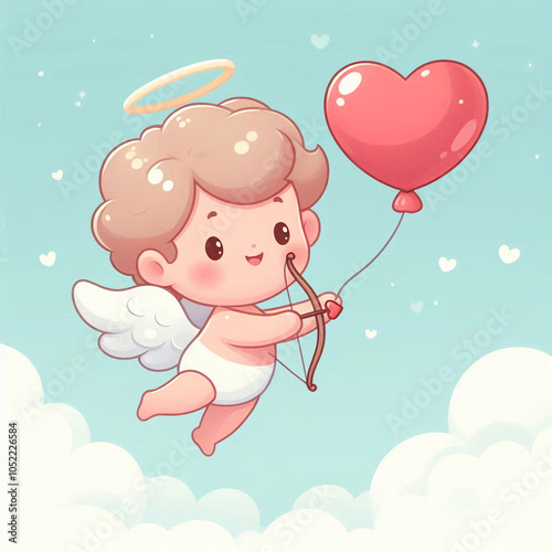 Cute cherub with heart balloon flying against blue sky 