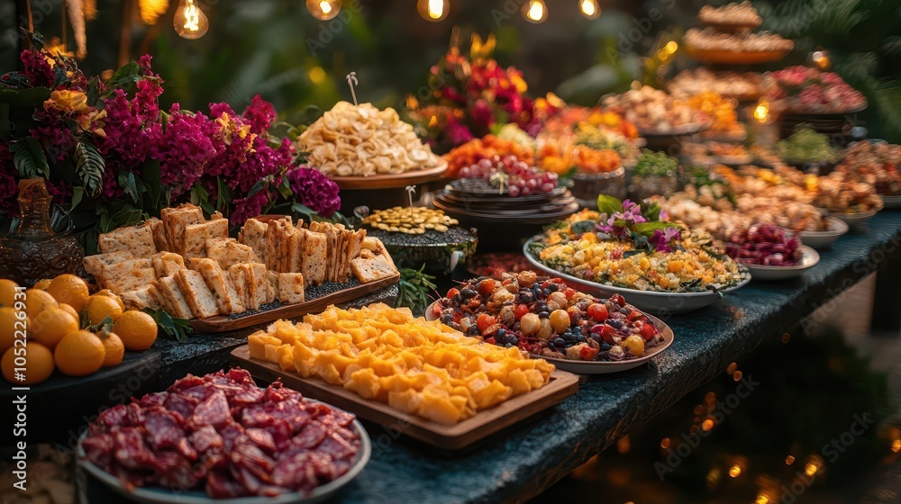 lavishly decorated banquet table filled with an array of colorful food platters, snacks, and appetizers, set for a corporate celebration, radiating elegance and festivity lavishly decorated banquet table filled with an array of colorful food platters, snacks, and appetizers, set for a corporate celebration, radiating elegance and festivity