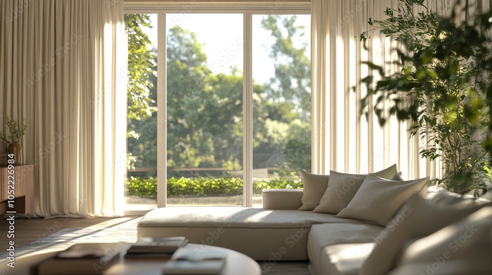 This light-filled living room features large windows that open up to a verdant garden, creating a peaceful and lush environment.
