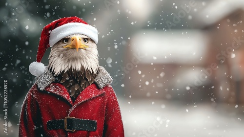 Bald eagle with Santa hat flying over a snowy town, 3D illustration