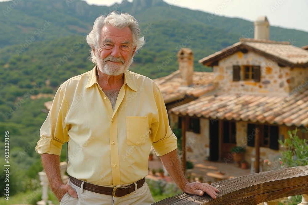 A smiling elderly man stands by a rustic wooden railing in front of a charming stone house in the Italian countryside on a sunny day A smiling elderly man stands by a rustic wooden railing in front of a charming stone house in the Italian countryside on a sunny day