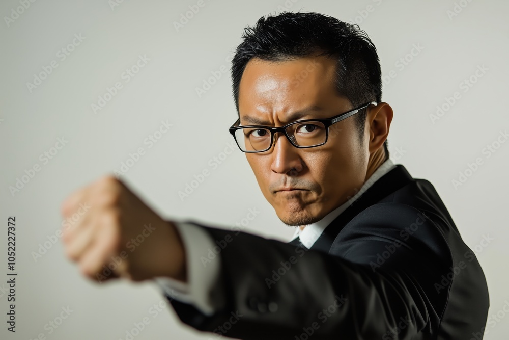 Obraz premium a man in a suit and glasses throws a punch