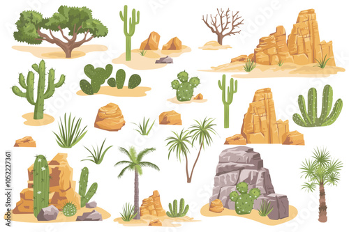 Desert stones and plants mega set elements in flat graphic design. Collection objects of different trees, cactus, palms and rock mountains for wildlife African landscape scenes. Vector illustration.