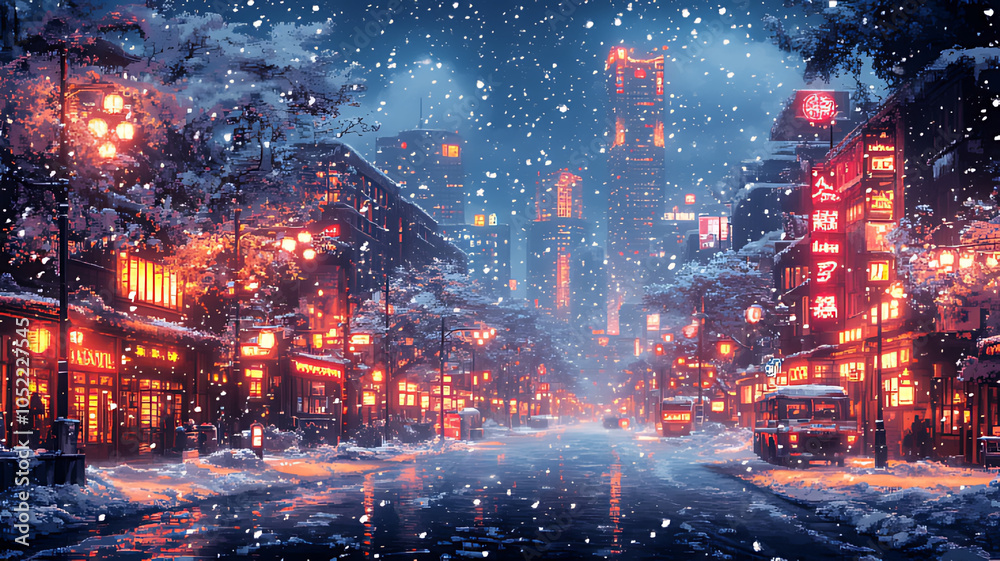 Fototapeta premium A snowy city street at night with illuminated buildings and falling snow.