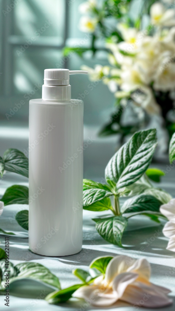 White cosmetic pump bottle mockup with green leaves and white flowers in soft natural light.. White cosmetic pump bottle mockup with green leaves and white flowers in soft natural light..