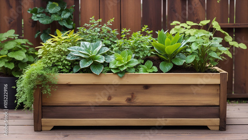 A long wooden planter box filled with various green plants.