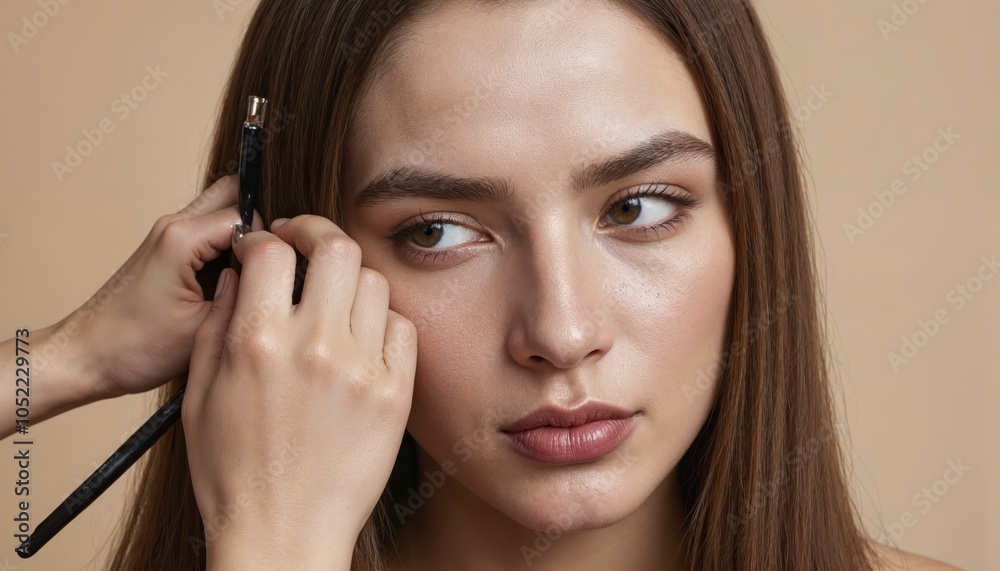 Woman Getting Makeup Application Focusing on Eyebrow Shaping for a Flawless Look and Enhancing Natural Beauty Woman Getting Makeup Application Focusing on Eyebrow Shaping for a Flawless Look and Enhancing Natural Beauty
