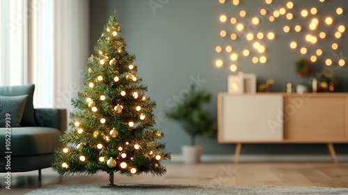 A green Christmas tree glowing in a cozy living room, frosty windows, wide shot, warm glow inside