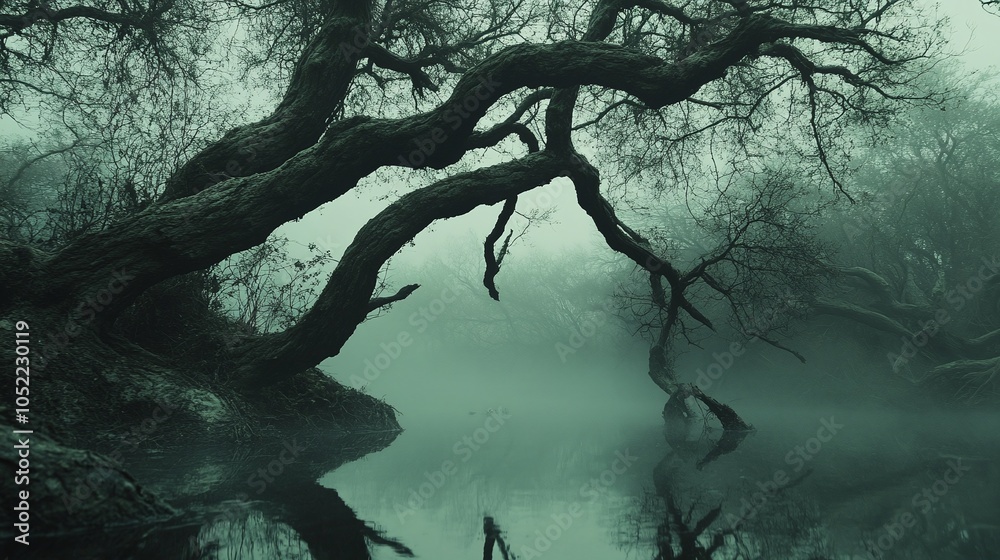 Twisted Trees in a Dark Foggy Swamp Landscape Twisted Trees in a Dark Foggy Swamp Landscape