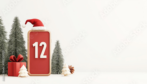A festive scene featuring a red calendar block with the number 12, accompanied by Christmas trees and a gift, set against a white background.
