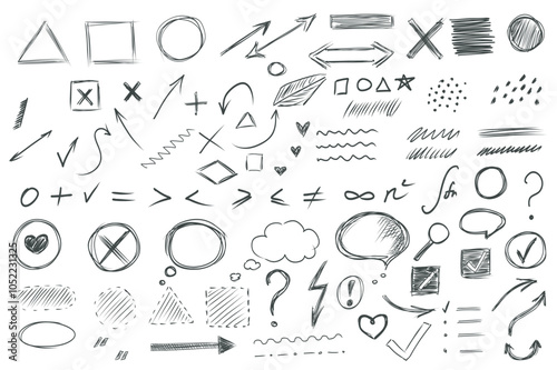 Hand drawn mega set elements in flat graphic design. Collection objects of doodle shapes, arrows, cross, round, dots, math symbols, speech bubble, question mark, heart, other. Vector illustration.