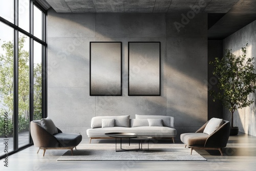 Sleek and modern living room features concrete walls, abstract artwork, contemporary furniture, and a large window view for city ambience. photo