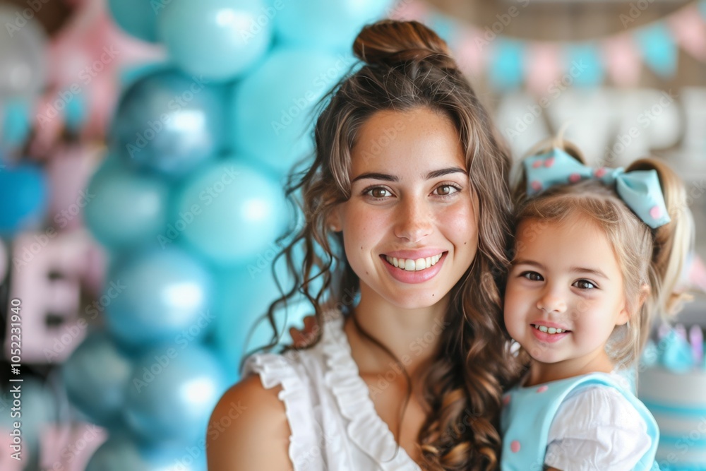 Mother and daughter share a joyful moment at a birthday celebration decorated with balloons in soft pastel colors Mother and daughter share a joyful moment at a birthday celebration decorated with balloons in soft pastel colors