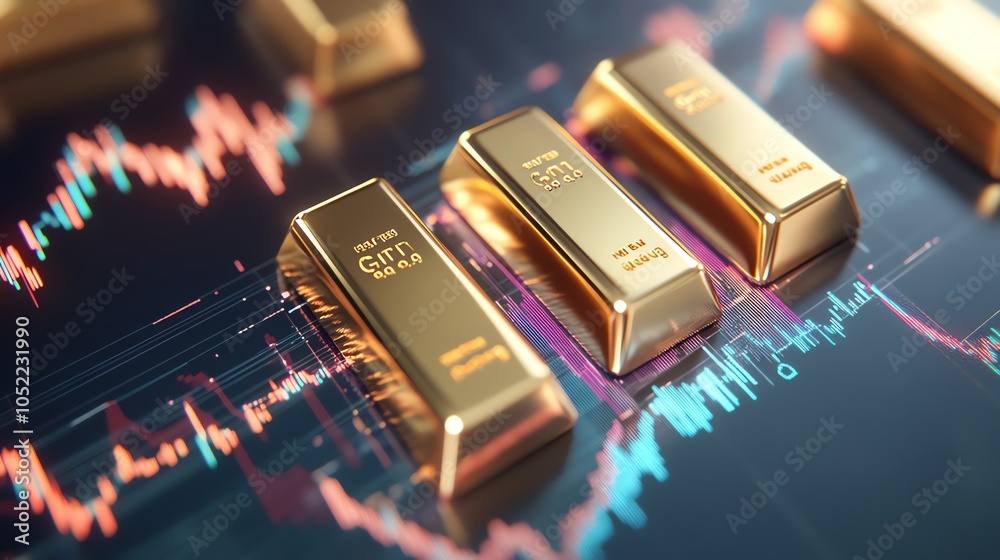 Futuristic scene of gold bars connected to digital screens showing longterm financial charts, representing modern diversification with gold Futuristic scene of gold bars connected to digital screens showing longterm financial charts, representing modern diversification with gold