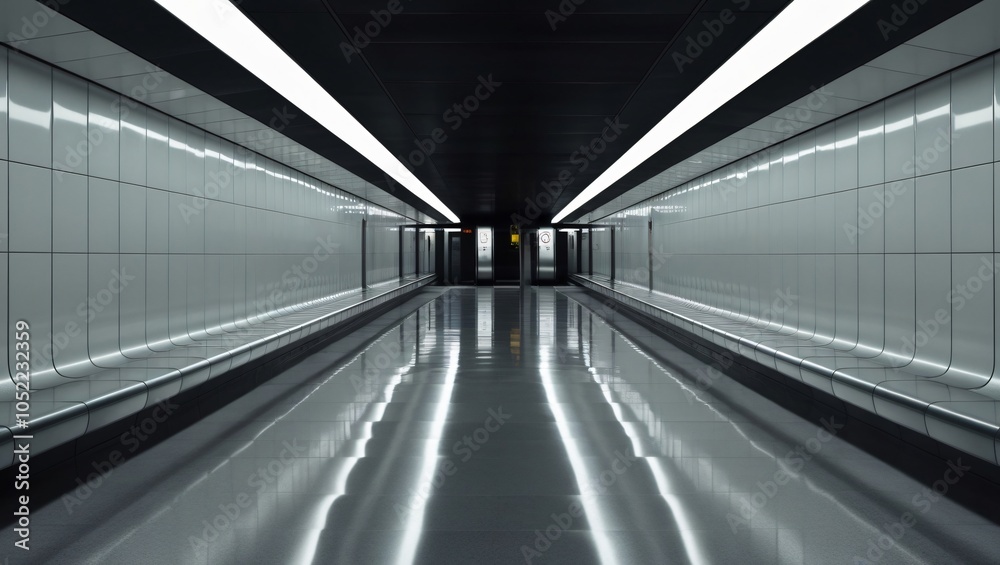 An empty subway platform with dim lighting, clean tiles, and modern architecture. An empty subway platform with dim lighting, clean tiles, and modern architecture.