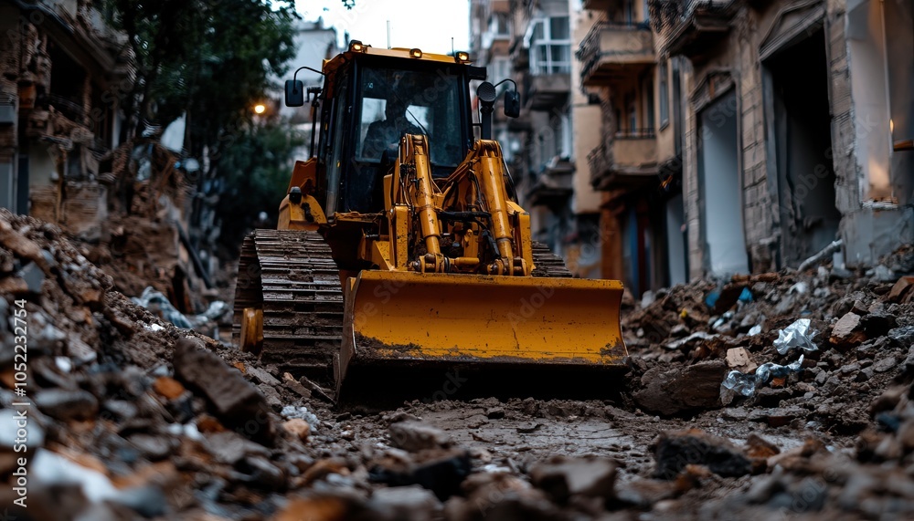 Fototapeta premium A construction vehicle navigates through debris on a narrow street, showcasing heavy machinery in an urban environment.