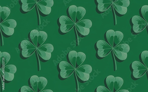 Patrick, A seamless pattern of green shamrocks on a dark green background.