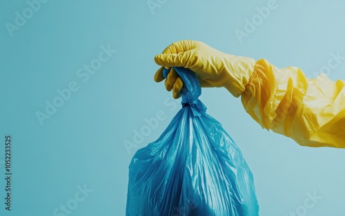 A striking close-up photograph showing a yellow rubber-gloved hand clutching a blue plastic garbage bag, with a solid background providing a clean aesthetic. 