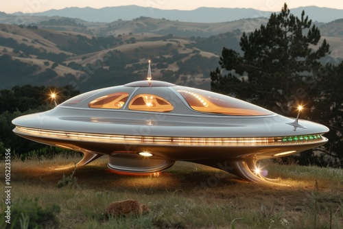 Wallpaper Mural A futuristic spacecraft rests on scenic hillside during twilight, surrounded by rolling mountains and trees, amidst a serene landscape Torontodigital.ca