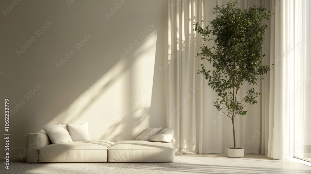 An elegantly designed minimalist room with soft lighting, featuring an understated couch and a tall indoor plant, exuding tranquility. An elegantly designed minimalist room with soft lighting, featuring an understated couch and a tall indoor plant, exuding tranquility.
